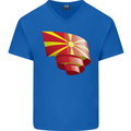 Curled Macedonia Flag Macedonian Day Football Mens V-Neck Cotton T-Shirt Royal Blue