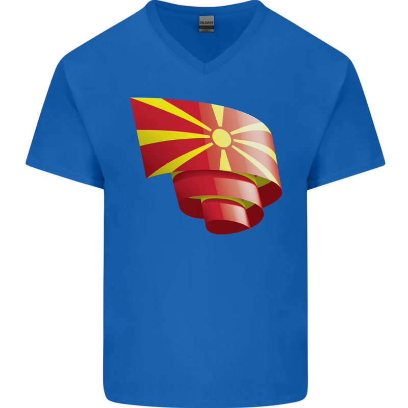 Curled Macedonia Flag Macedonian Day Football Mens V-Neck Cotton T-Shirt Royal Blue