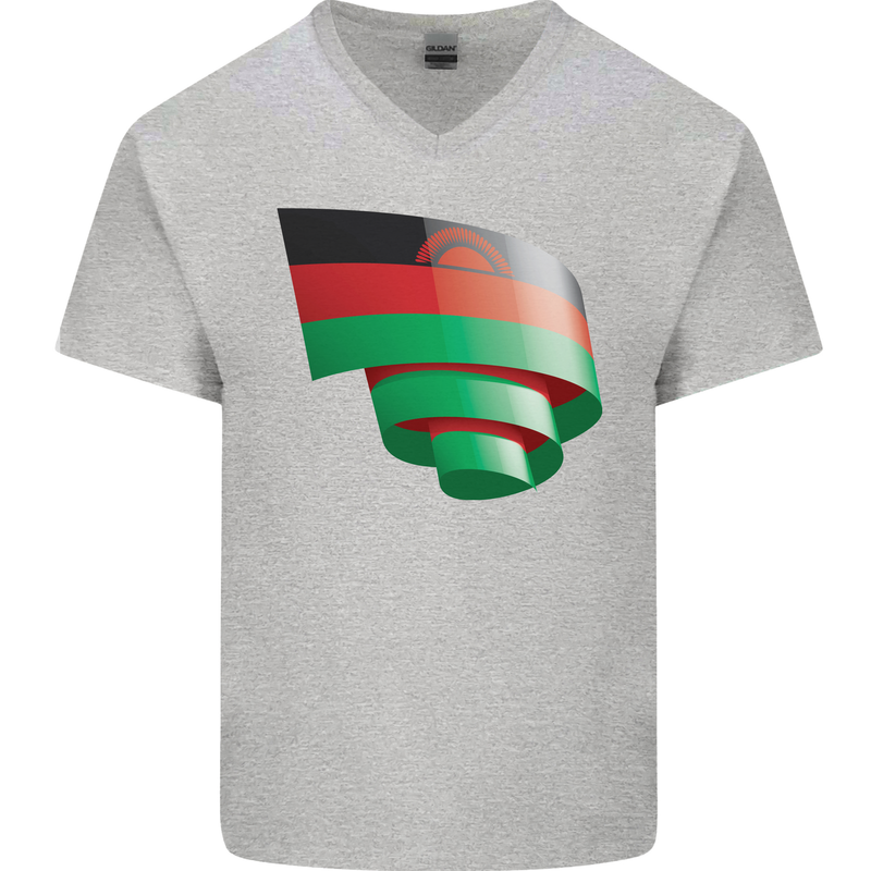 Curled Malawi Flag Malawian Day Football Mens V-Neck Cotton T-Shirt Sports Grey