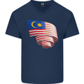 Curled Malaysia Flag Malaysian Day Football Mens V-Neck Cotton T-Shirt Navy Blue