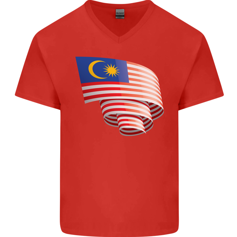 Curled Malaysia Flag Malaysian Day Football Mens V-Neck Cotton T-Shirt Red