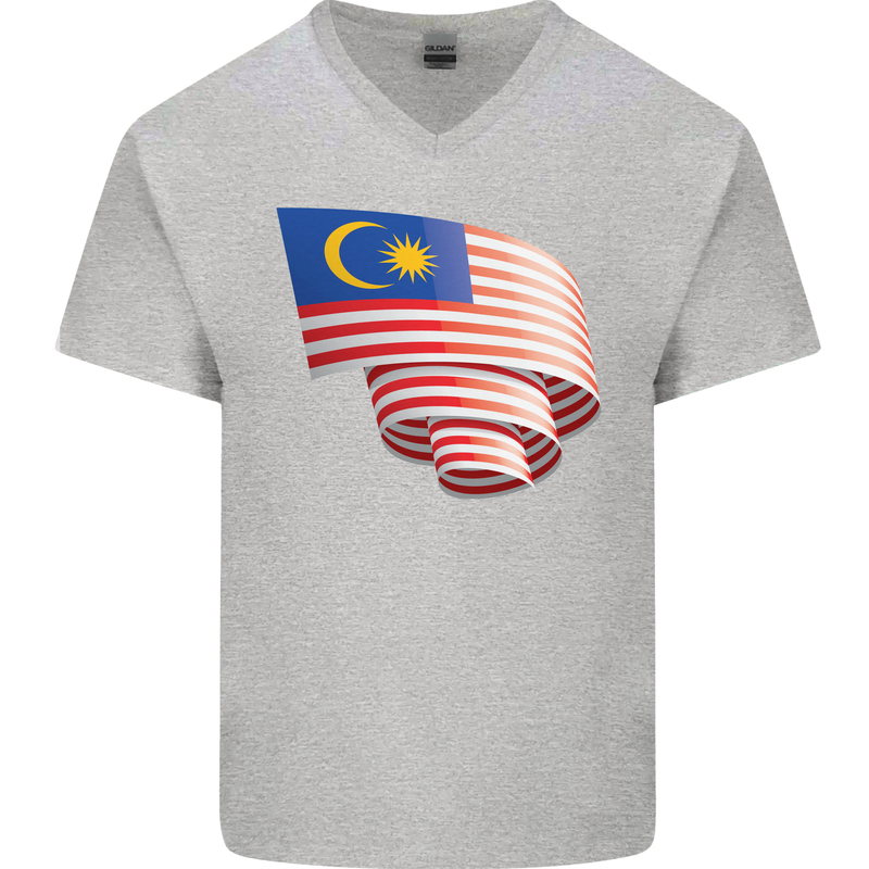 Curled Malaysia Flag Malaysian Day Football Mens V-Neck Cotton T-Shirt Sports Grey