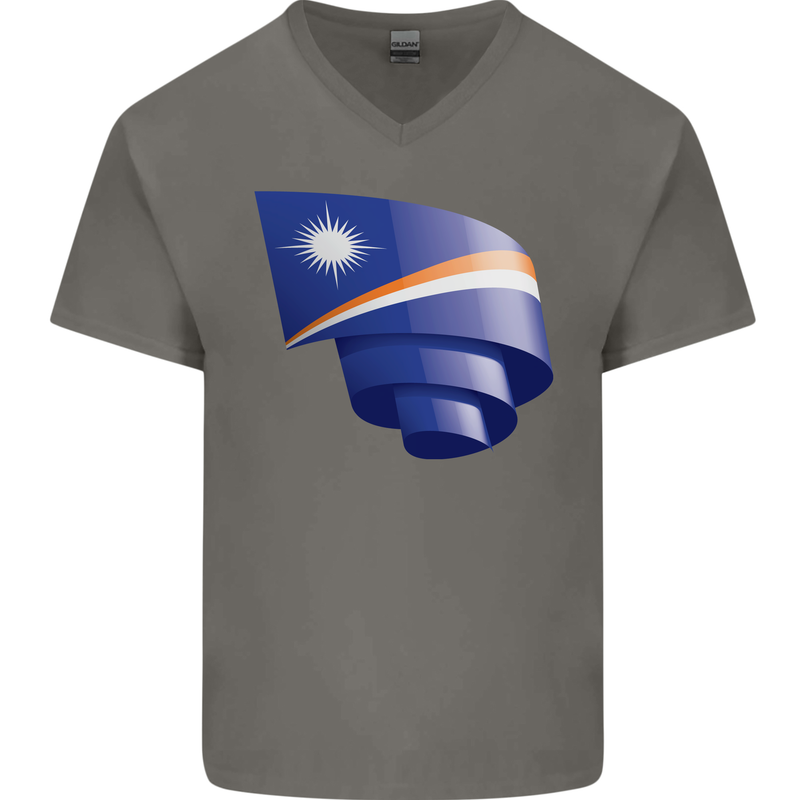 Curled Marshall Islands Flag Day Football Mens V-Neck Cotton T-Shirt Charcoal