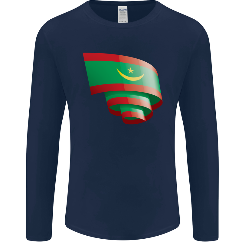 Curled Mauritania Flag Mauritanian Day Football Mens Long Sleeve T-Shirt Navy Blue