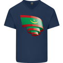 Curled Mauritania Flag Mauritanian Day Football Mens V-Neck Cotton T-Shirt Navy Blue