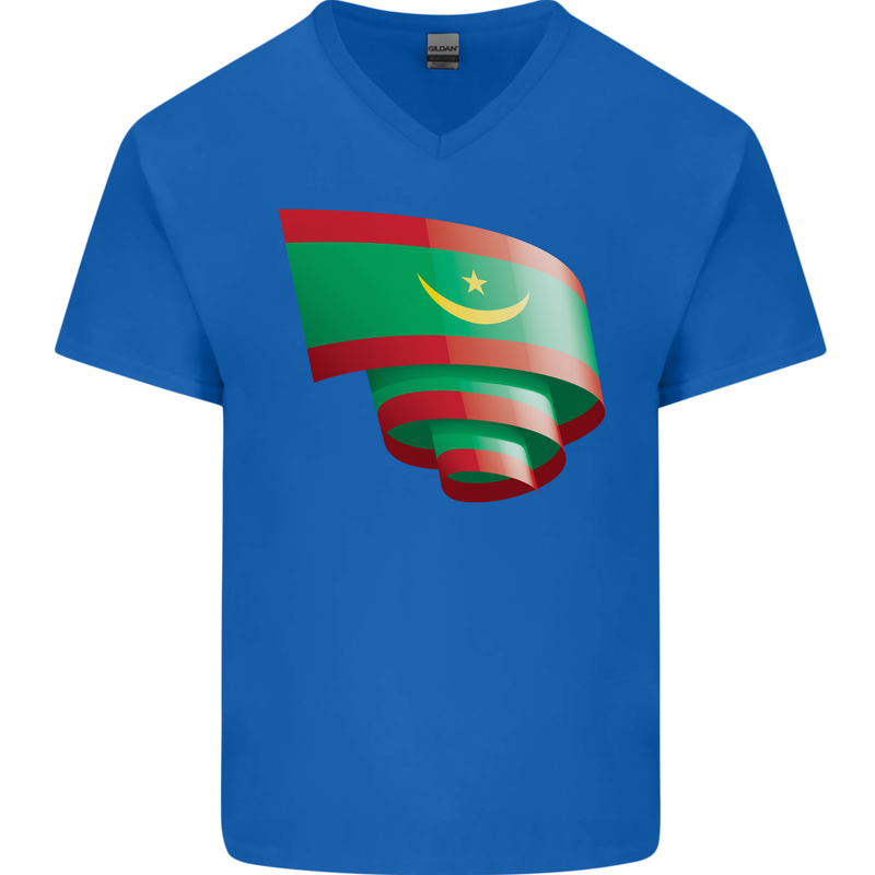 Curled Mauritania Flag Mauritanian Day Football Mens V-Neck Cotton T-Shirt Royal Blue