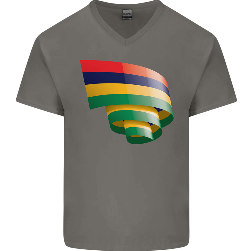 Curled Mauritius Flag Mauritians Day Football Mens V-Neck Cotton T-Shirt Charcoal