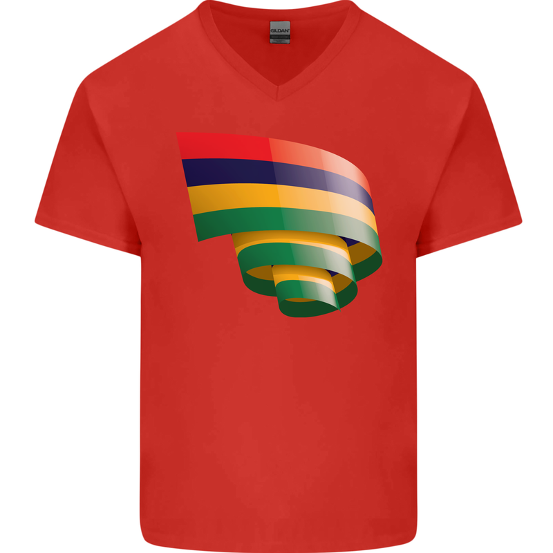 Curled Mauritius Flag Mauritians Day Football Mens V-Neck Cotton T-Shirt Red