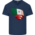 Curled Mexico Flag Mexican Day Football Mens V-Neck Cotton T-Shirt Navy Blue