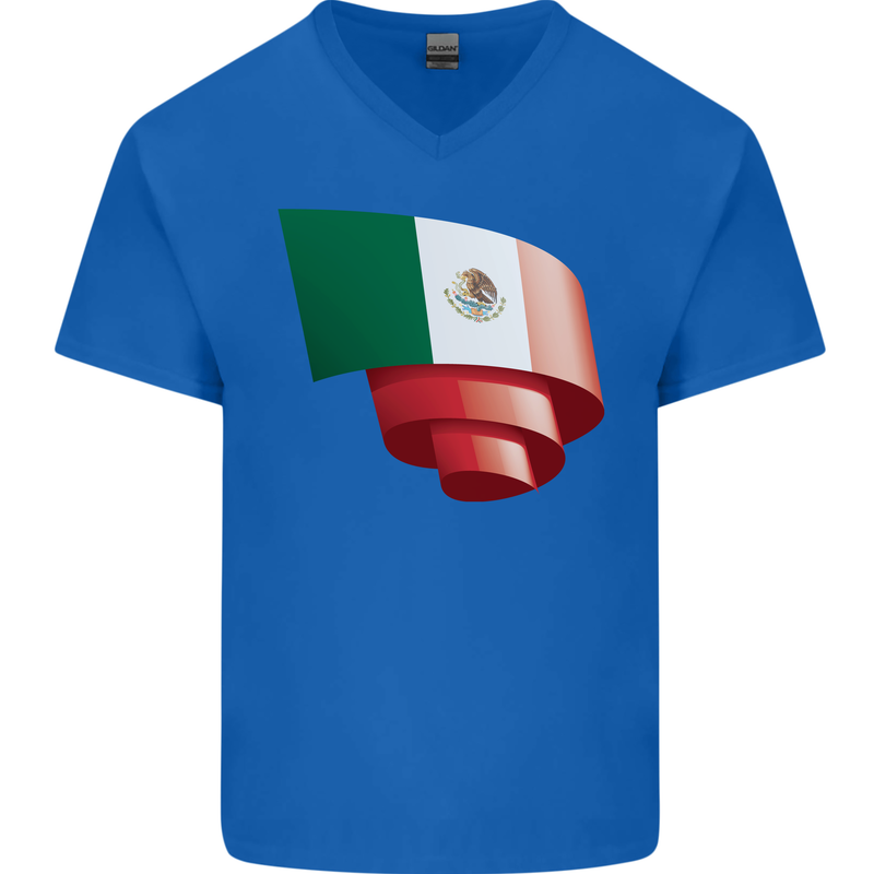 Curled Mexico Flag Mexican Day Football Mens V-Neck Cotton T-Shirt Royal Blue