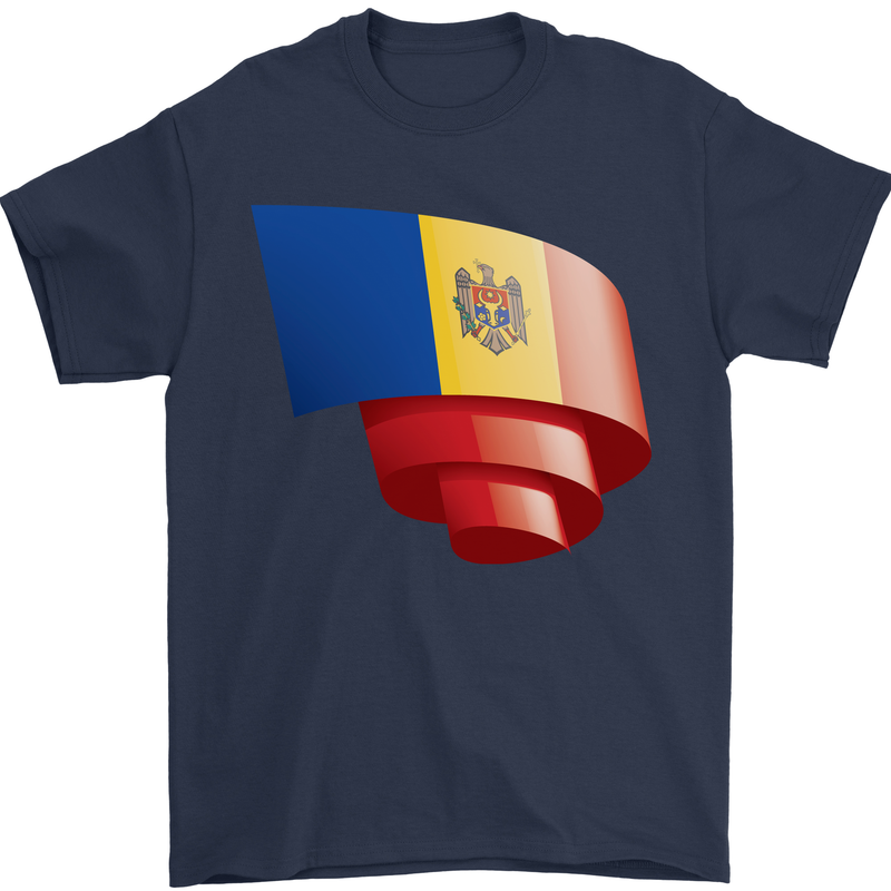 Curled Moldova Flag Moldovan Day Football Mens T-Shirt 100% Cotton Navy Blue
