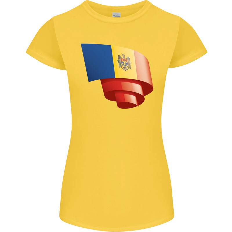 Curled Moldova Flag Moldovan Day Football Womens Petite Cut T-Shirt Yellow