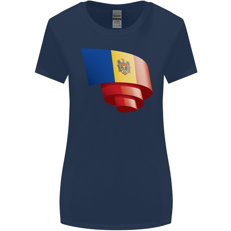 Curled Moldova Flag Moldovan Day Football Womens Wider Cut T-Shirt Navy Blue