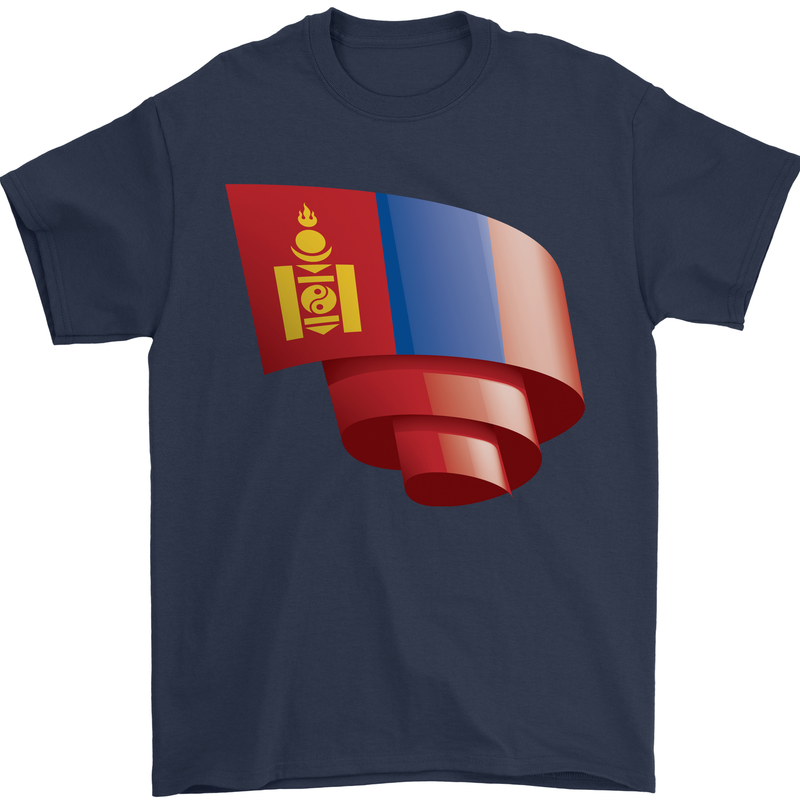 Curled Mongolia Flag Mongolian Day Football Mens T-Shirt 100% Cotton Navy Blue