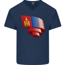 Curled Mongolia Flag Mongolian Day Football Mens V-Neck Cotton T-Shirt Navy Blue