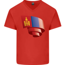 Curled Mongolia Flag Mongolian Day Football Mens V-Neck Cotton T-Shirt Red