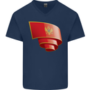 Curled Montenegro Flag Montenegrin Day Football Mens V-Neck Cotton T-Shirt Navy Blue
