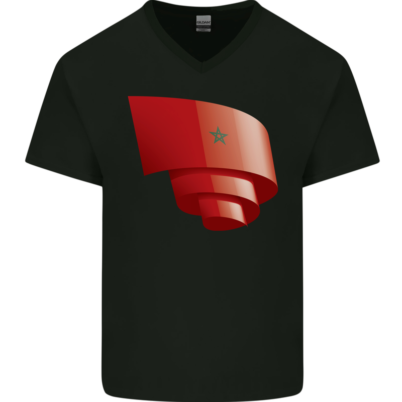 Curled Morocco Flag Moroccan Day Football Mens V-Neck Cotton T-Shirt Black