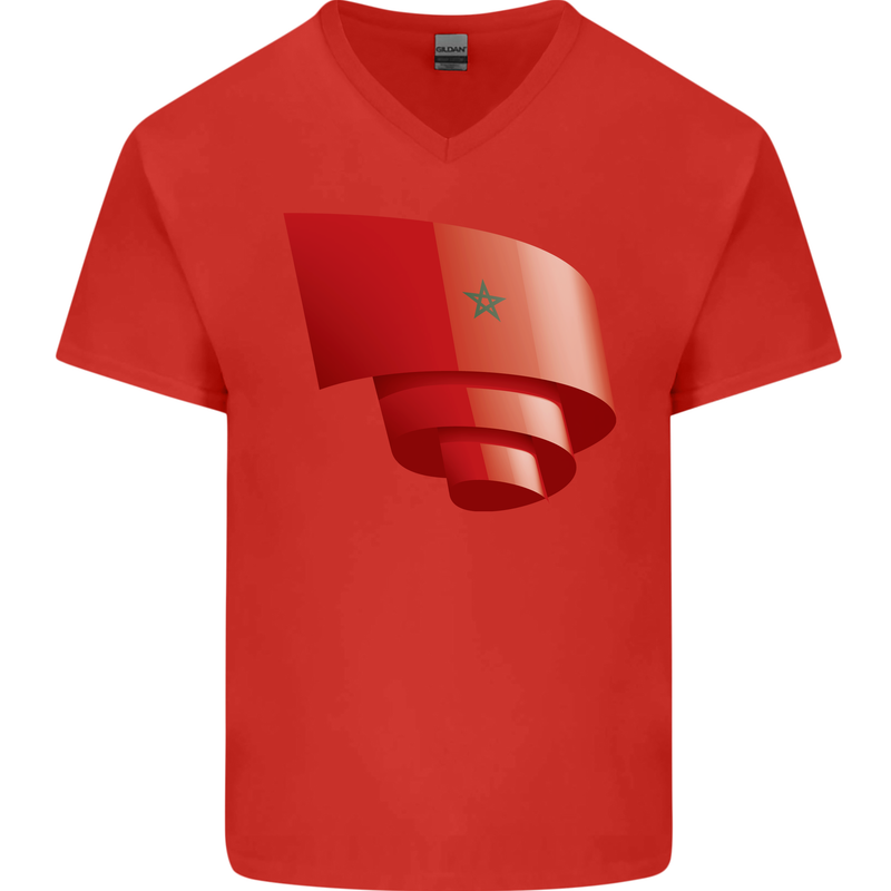 Curled Morocco Flag Moroccan Day Football Mens V-Neck Cotton T-Shirt Red