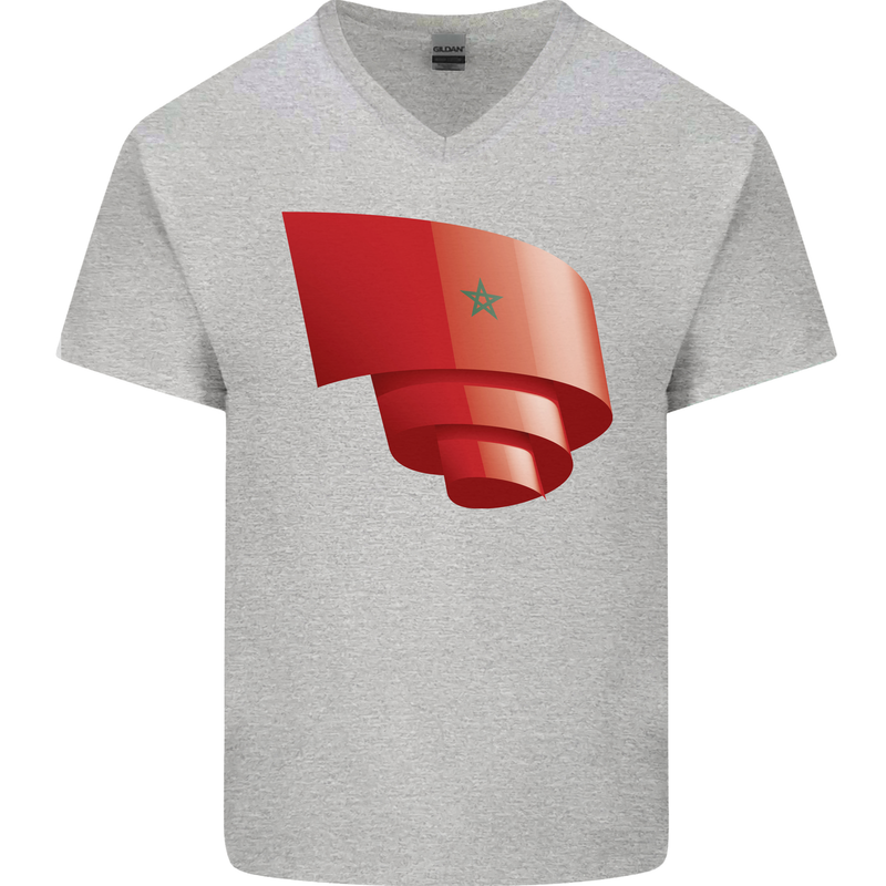 Curled Morocco Flag Moroccan Day Football Mens V-Neck Cotton T-Shirt Sports Grey