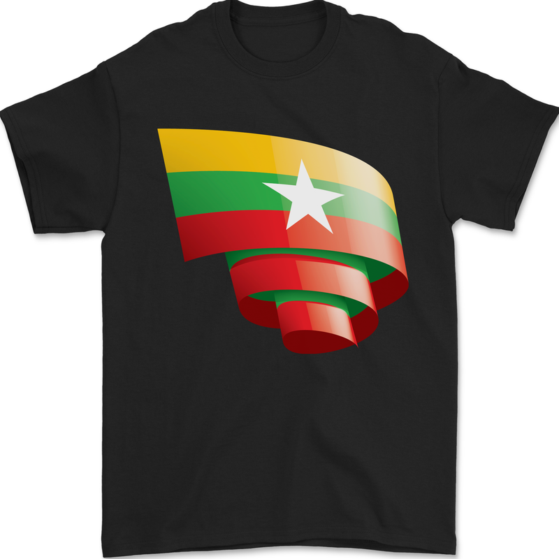 Curled Myanmar Flag Burmese Day Football Mens T-Shirt 100% Cotton Black
