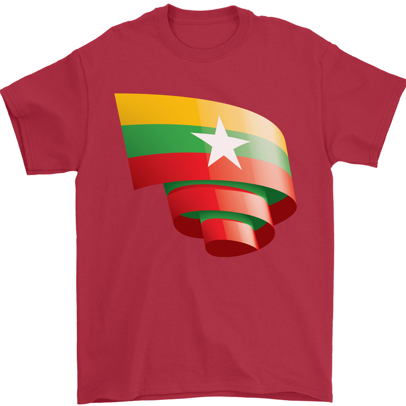 Curled Myanmar Flag Burmese Day Football Mens T-Shirt 100% Cotton Red