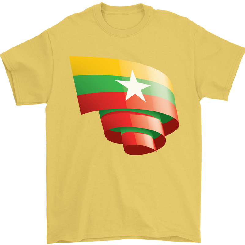 Curled Myanmar Flag Burmese Day Football Mens T-Shirt 100% Cotton Yellow