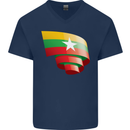 Curled Myanmar Flag Burmese Day Football Mens V-Neck Cotton T-Shirt Navy Blue