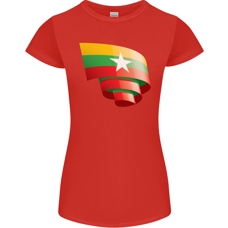 Curled Myanmar Flag Burmese Day Football Womens Petite Cut T-Shirt Red