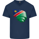 Curled Namibia Flag Namibian Day Football Mens V-Neck Cotton T-Shirt Navy Blue
