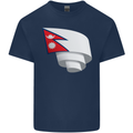 Curled Nepal Flag Nepalese Day Football Kids T-Shirt Childrens Navy Blue
