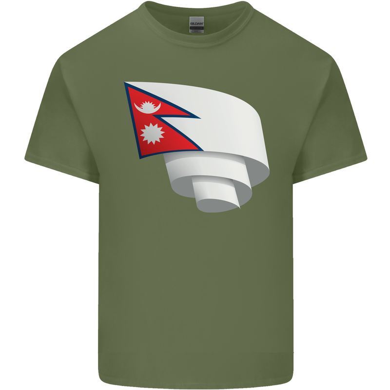 Curled Nepal Flag Nepalese Day Football Mens Cotton T-Shirt Tee Top Military Green