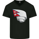 Curled Nepal Flag Nepalese Day Football Mens V-Neck Cotton T-Shirt Black