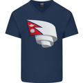 Curled Nepal Flag Nepalese Day Football Mens V-Neck Cotton T-Shirt Navy Blue