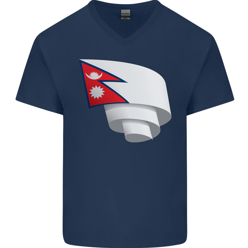 Curled Nepal Flag Nepalese Day Football Mens V-Neck Cotton T-Shirt Navy Blue