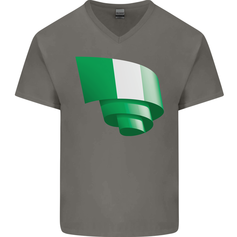 Curled Nigeria Flag Nigerian Day Football Mens V-Neck Cotton T-Shirt Charcoal