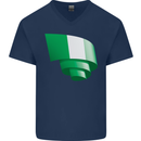 Curled Nigeria Flag Nigerian Day Football Mens V-Neck Cotton T-Shirt Navy Blue