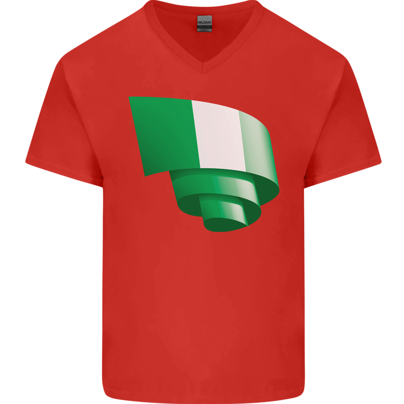 Curled Nigeria Flag Nigerian Day Football Mens V-Neck Cotton T-Shirt Red