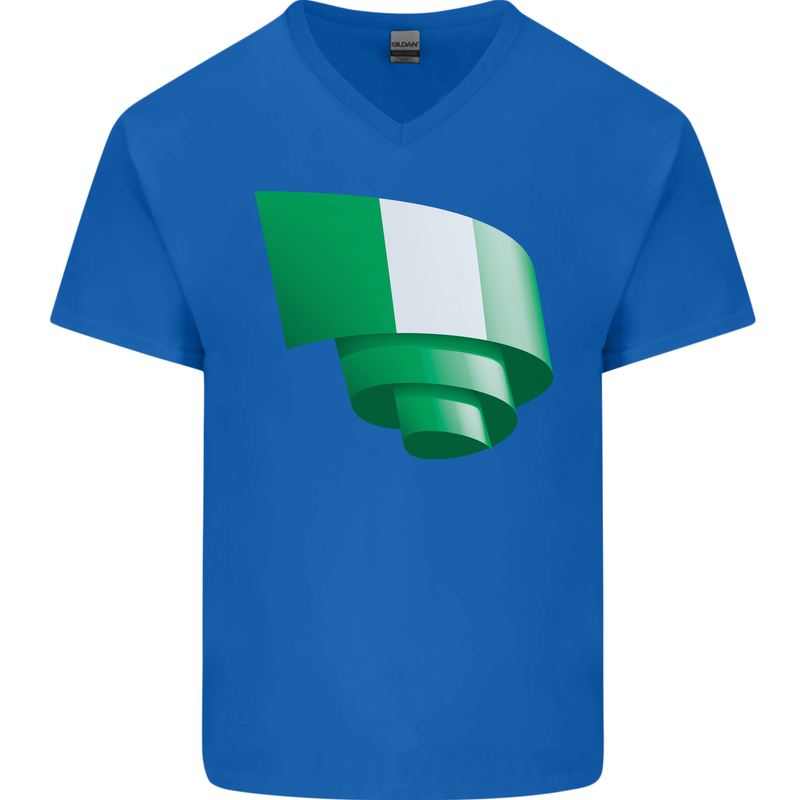 Curled Nigeria Flag Nigerian Day Football Mens V-Neck Cotton T-Shirt Royal Blue