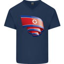 Curled North Korea Flag Korean Day Football Mens V-Neck Cotton T-Shirt Navy Blue