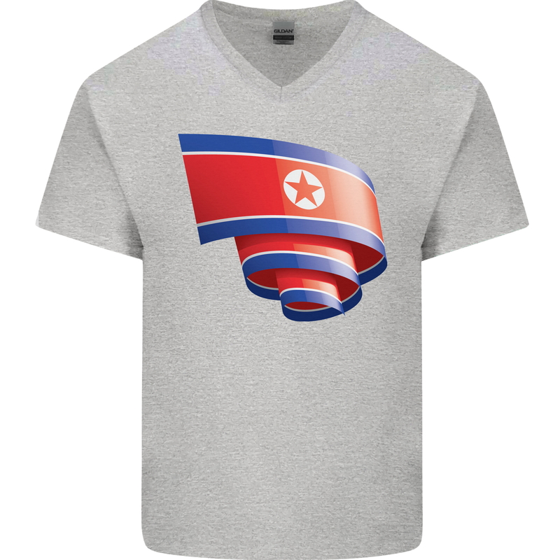 Curled North Korea Flag Korean Day Football Mens V-Neck Cotton T-Shirt Sports Grey