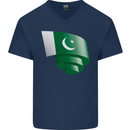 Curled Pakistan Flag Pakistani Day Football Mens V-Neck Cotton T-Shirt Navy Blue