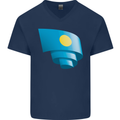 Curled Palau Flag Palauan Day Football Mens V-Neck Cotton T-Shirt Navy Blue