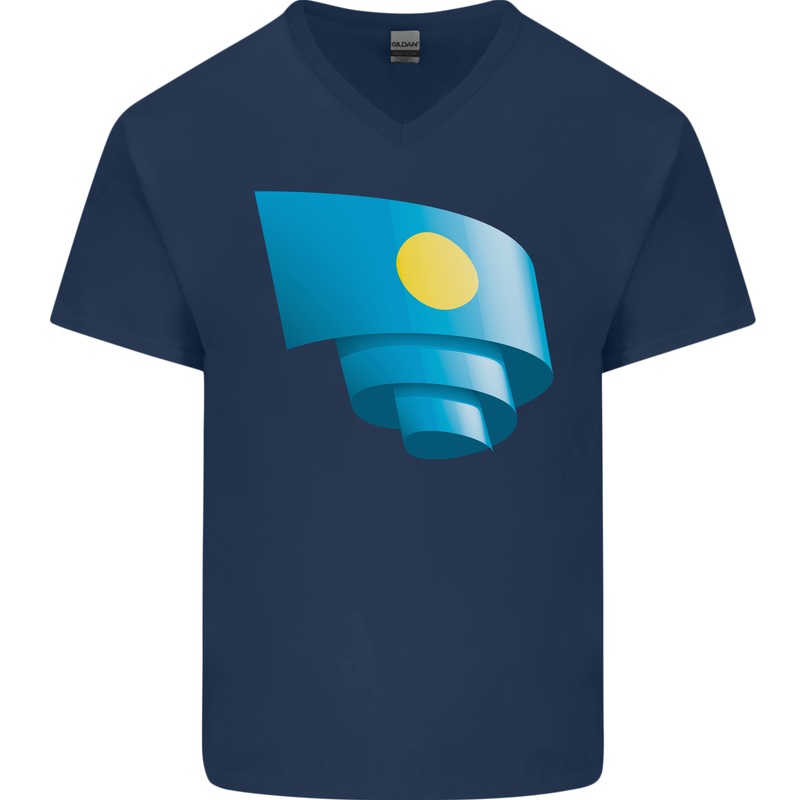 Curled Palau Flag Palauan Day Football Mens V-Neck Cotton T-Shirt Navy Blue