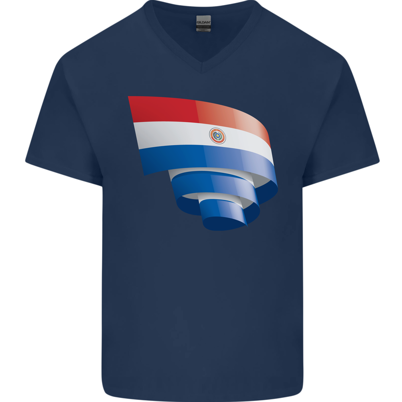 Curled Paraguay Flag Paraguayan Day Football Mens V-Neck Cotton T-Shirt Navy Blue