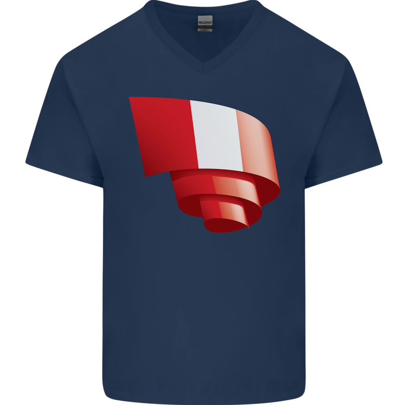 Curled Peru Flag Peruvian Day Football Mens V-Neck Cotton T-Shirt Navy Blue