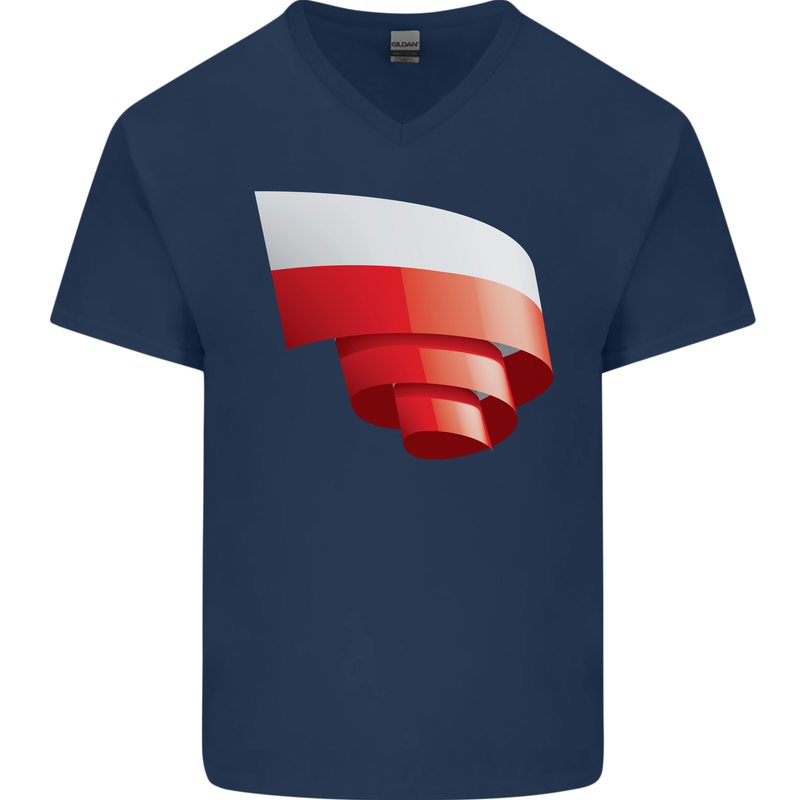 Curled Poland Flag Polish Day Football Mens V-Neck Cotton T-Shirt Navy Blue