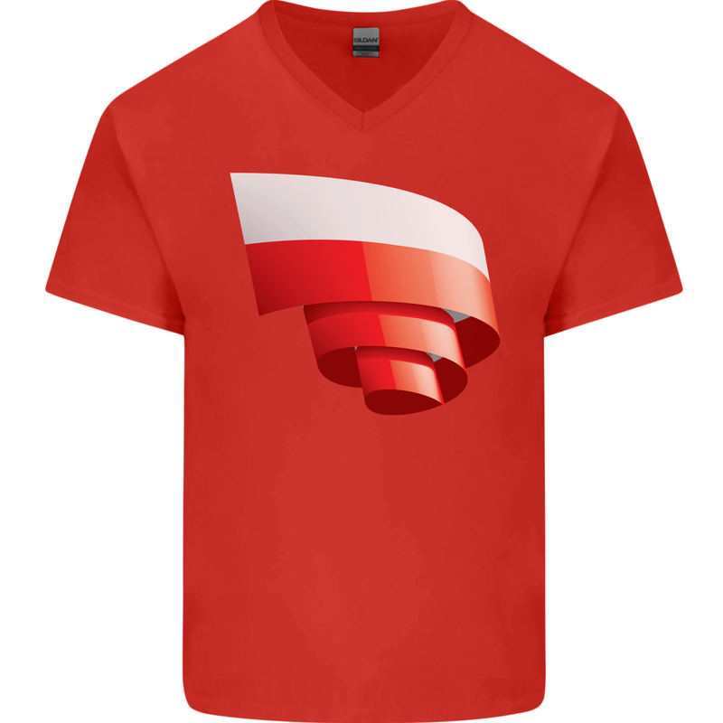 Curled Poland Flag Polish Day Football Mens V-Neck Cotton T-Shirt Red