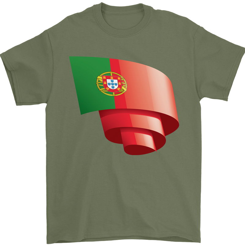Curled Portugal Flag Portugese Day Football Mens T-Shirt 100% Cotton Military Green