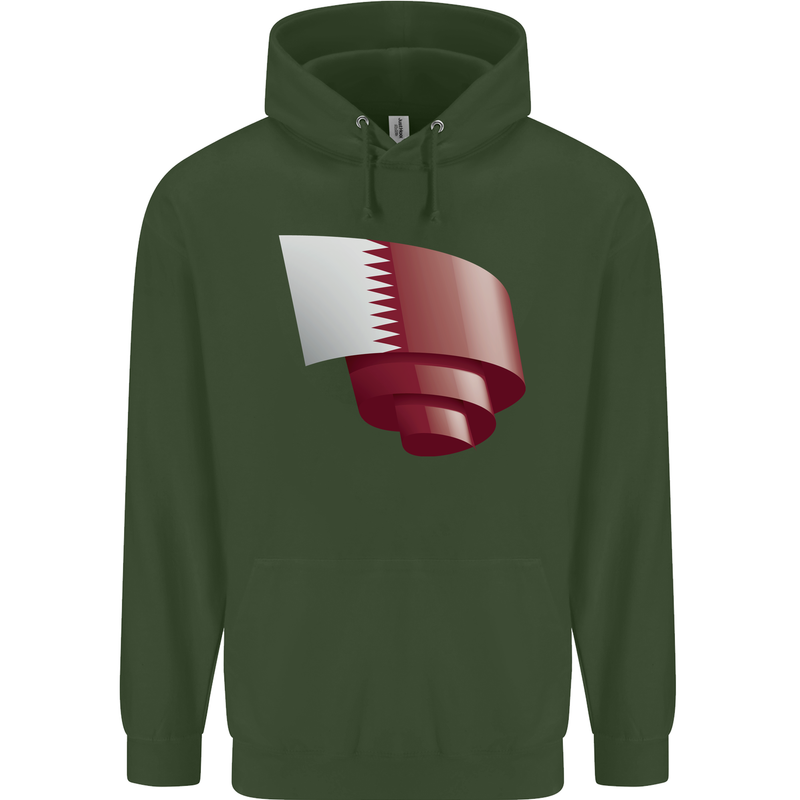 Curled Qatar Flag Qatari Day Football Childrens Kids Hoodie Forest Green